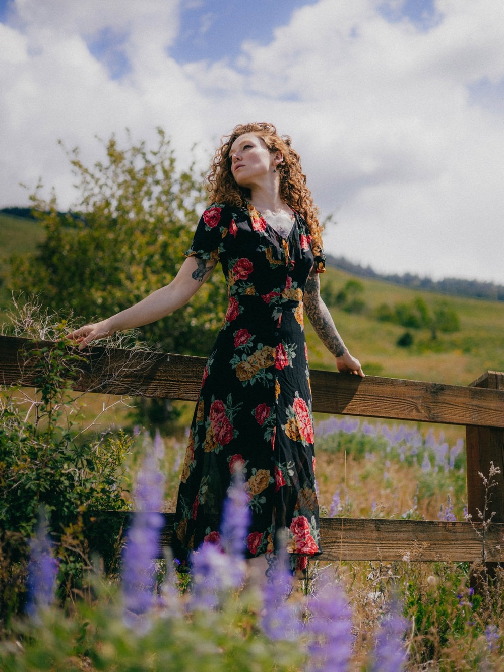 Christy Dawn Black Midi Dress with Red and Yellow Floral Print